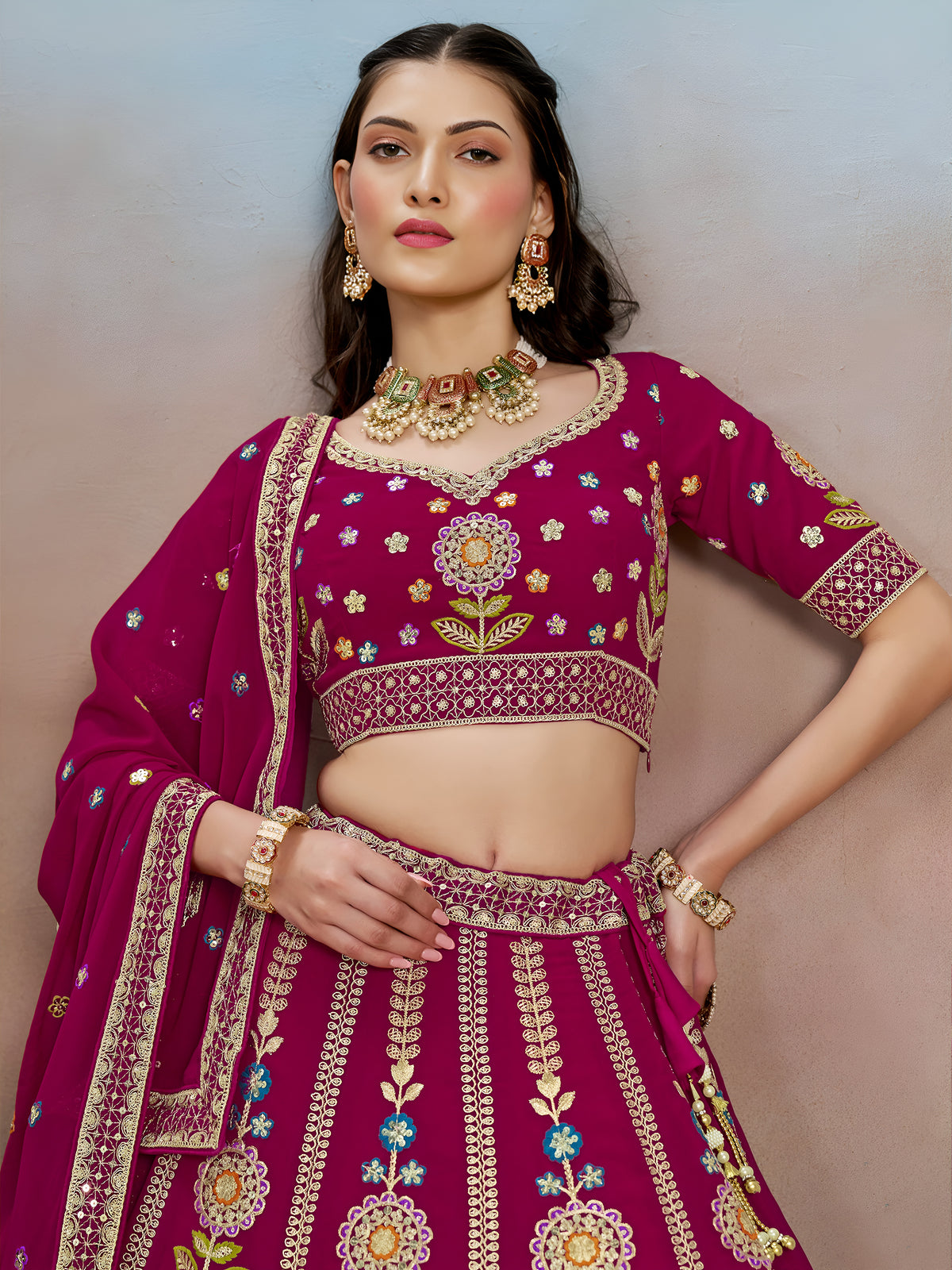 Rani Pink Floral Embroidered Lehenga Choli with Dupatta
