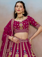 Rani Pink Floral Embroidered Lehenga Choli with Dupatta
