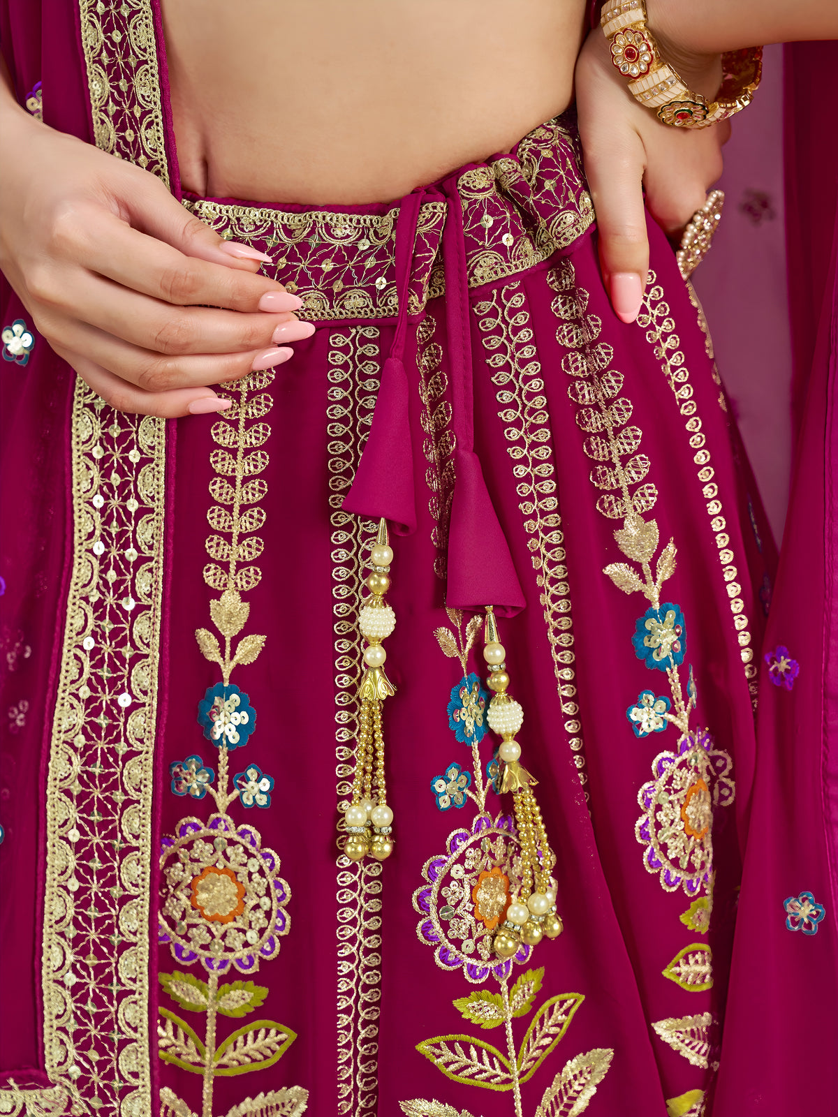 Rani Pink Floral Embroidered Lehenga Choli with Dupatta