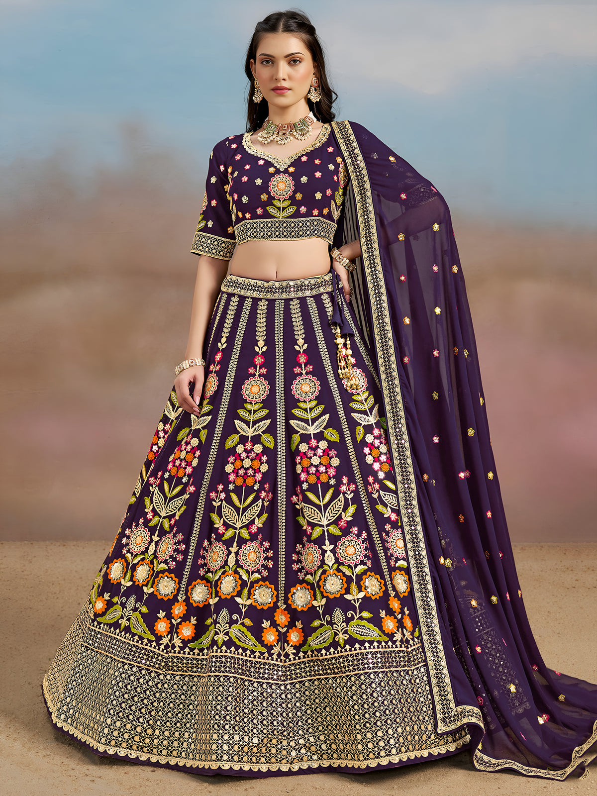 Royal Purple Floral Embroidered Lehenga Choli with Dupatta