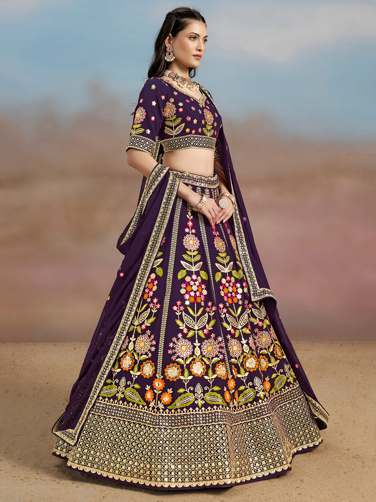Royal Purple Floral Embroidered Lehenga Choli with Dupatta