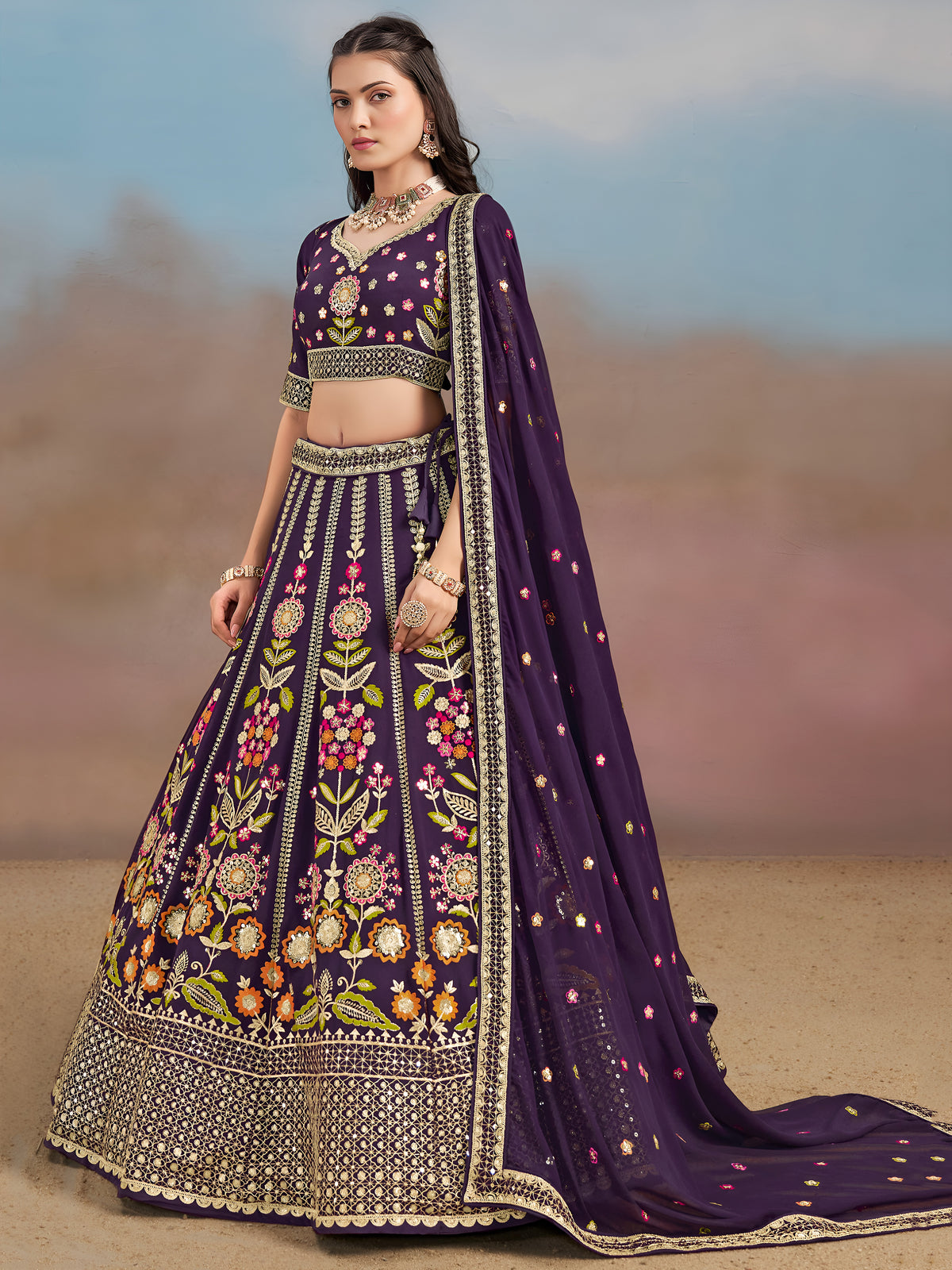 Royal Purple Floral Embroidered Lehenga Choli with Dupatta