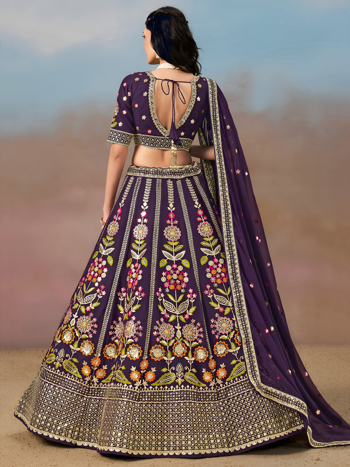 Royal Purple Floral Embroidered Lehenga Choli with Dupatta