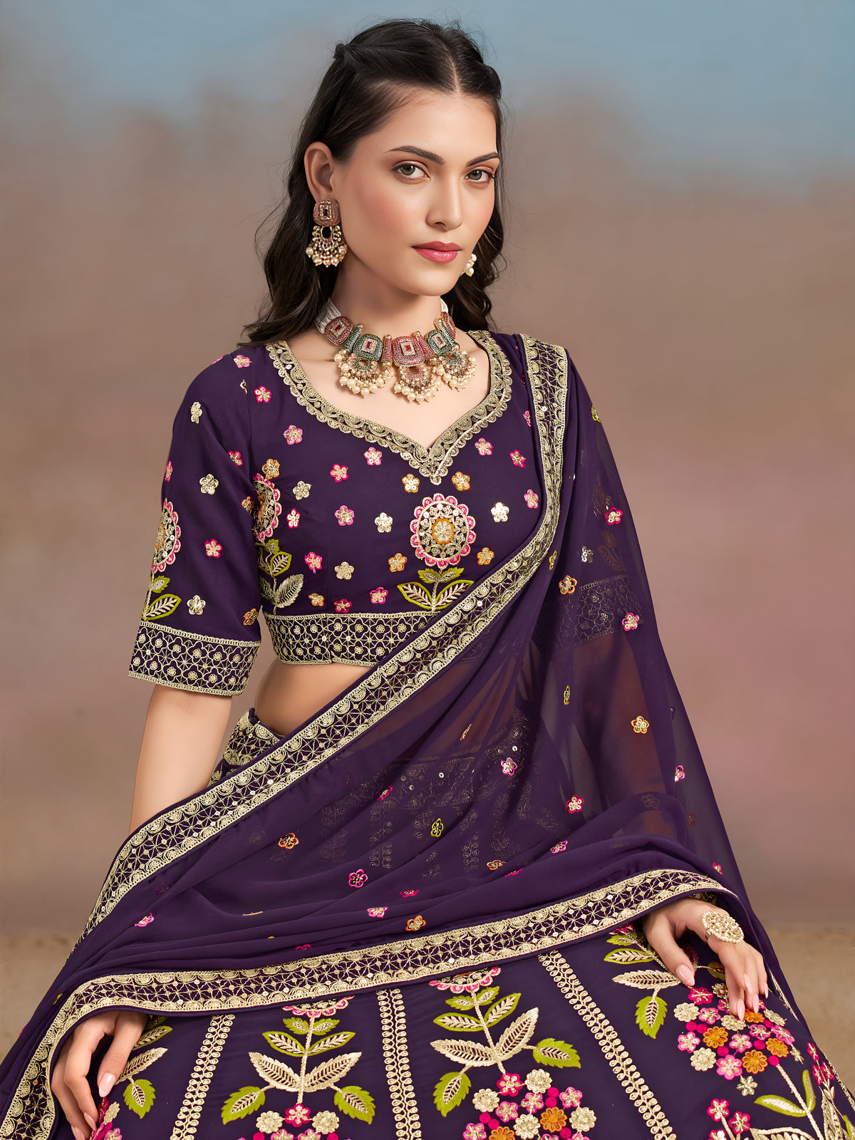 Royal Purple Floral Embroidered Lehenga Choli with Dupatta