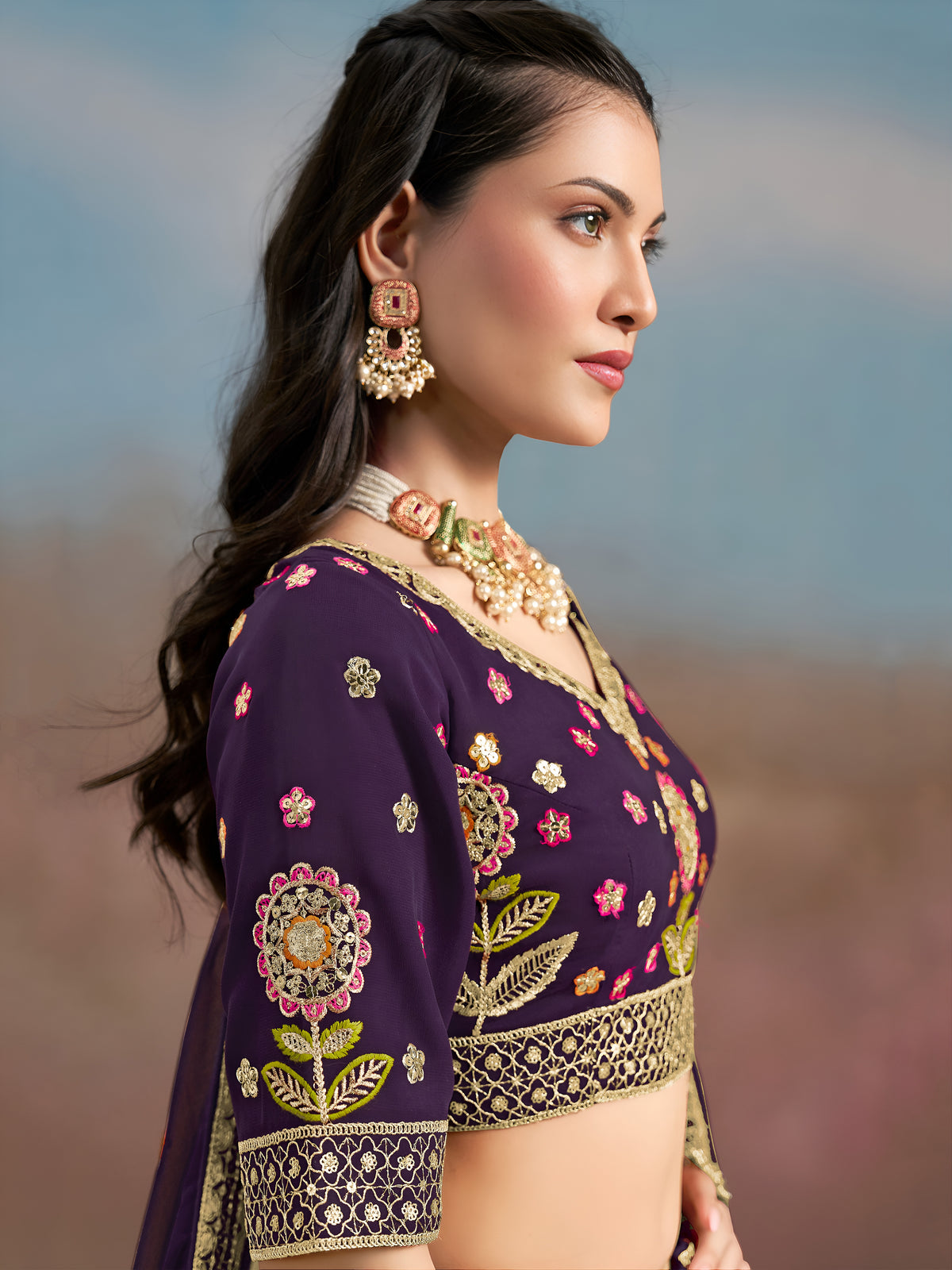 Royal Purple Floral Embroidered Lehenga Choli with Dupatta
