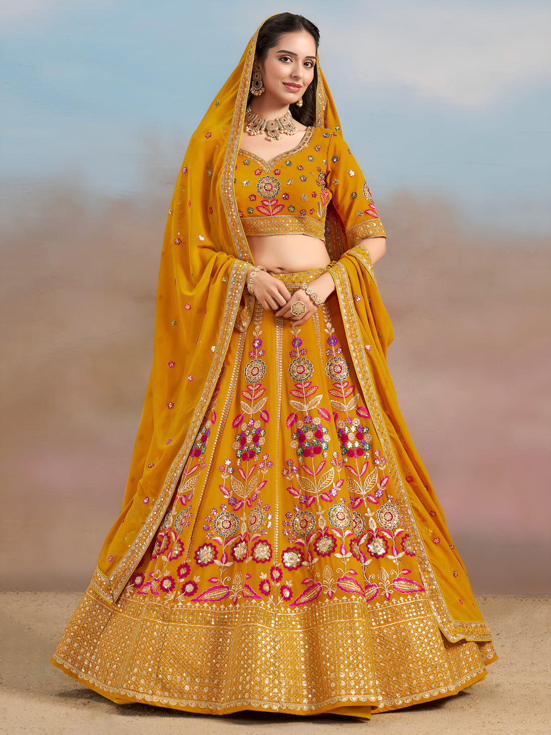 Mustard Yellow Floral Embroidered Bridal Lehenga Choli with Dupatta