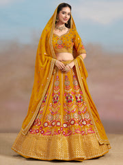 Mustard Yellow Floral Embroidered Bridal Lehenga Choli with Dupatta
