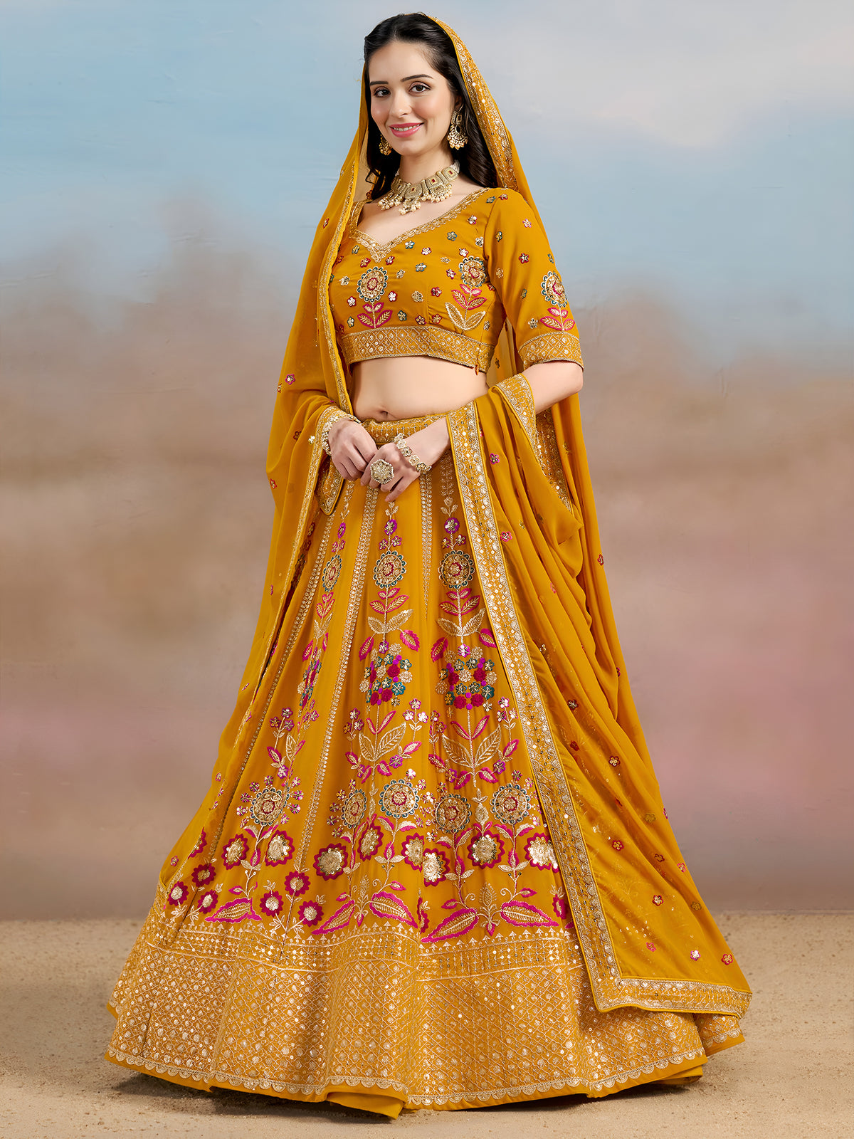 Mustard Yellow Floral Embroidered Bridal Lehenga Choli with Dupatta