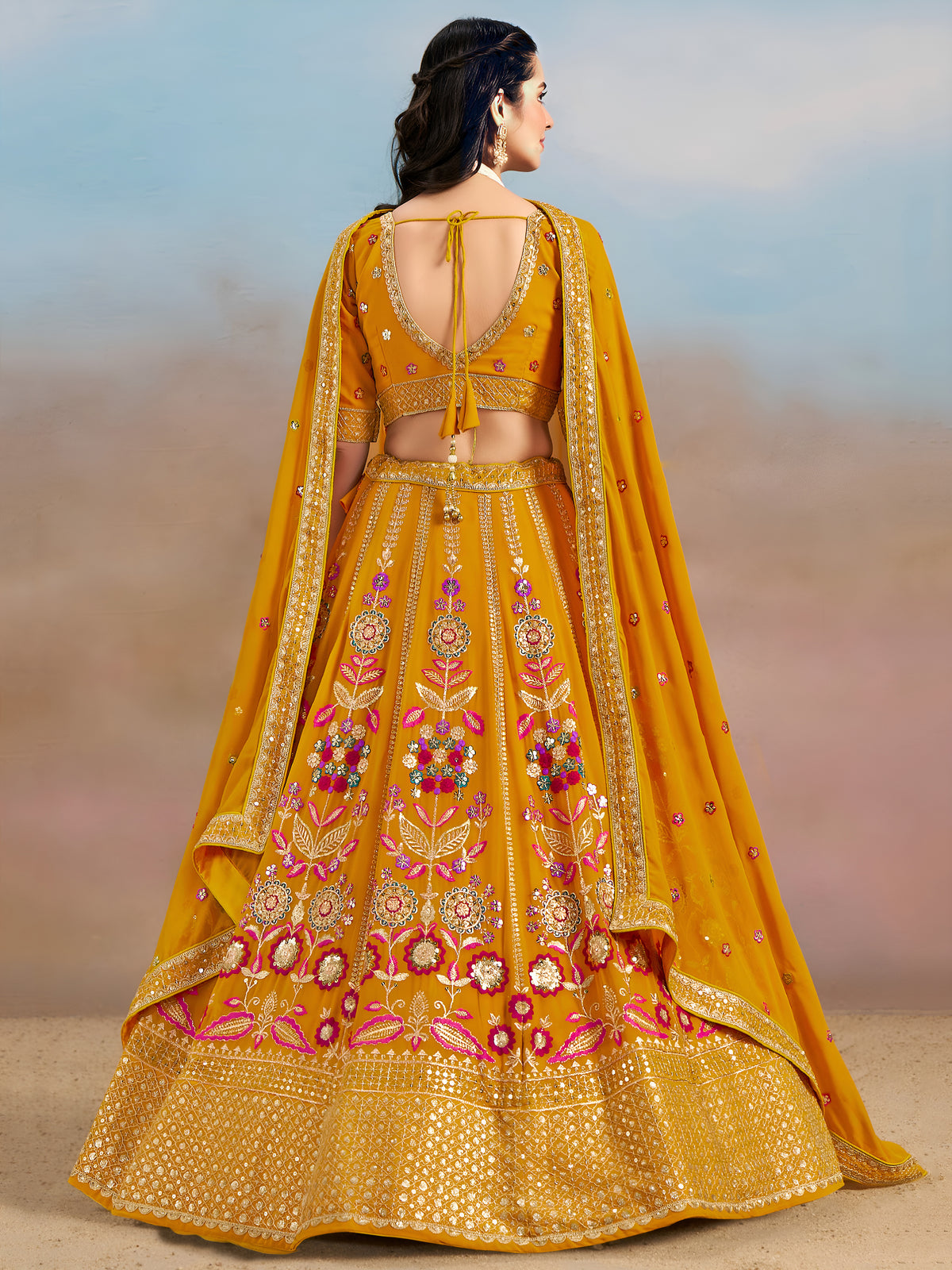 Mustard Yellow Floral Embroidered Bridal Lehenga Choli with Dupatta