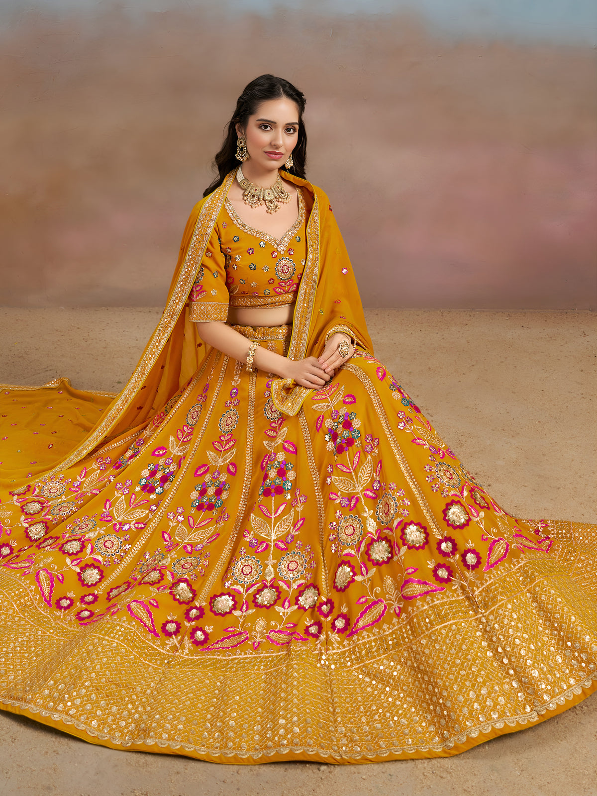 Mustard Yellow Floral Embroidered Bridal Lehenga Choli with Dupatta