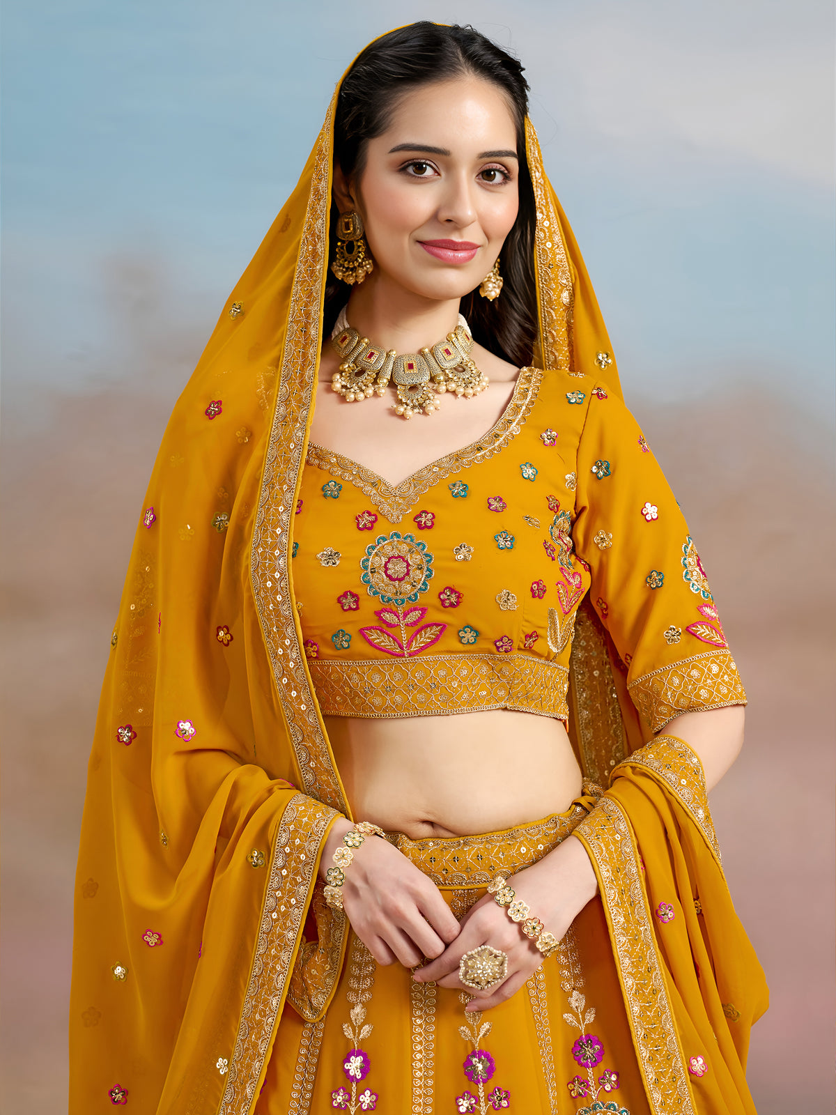 Mustard Yellow Floral Embroidered Bridal Lehenga Choli with Dupatta