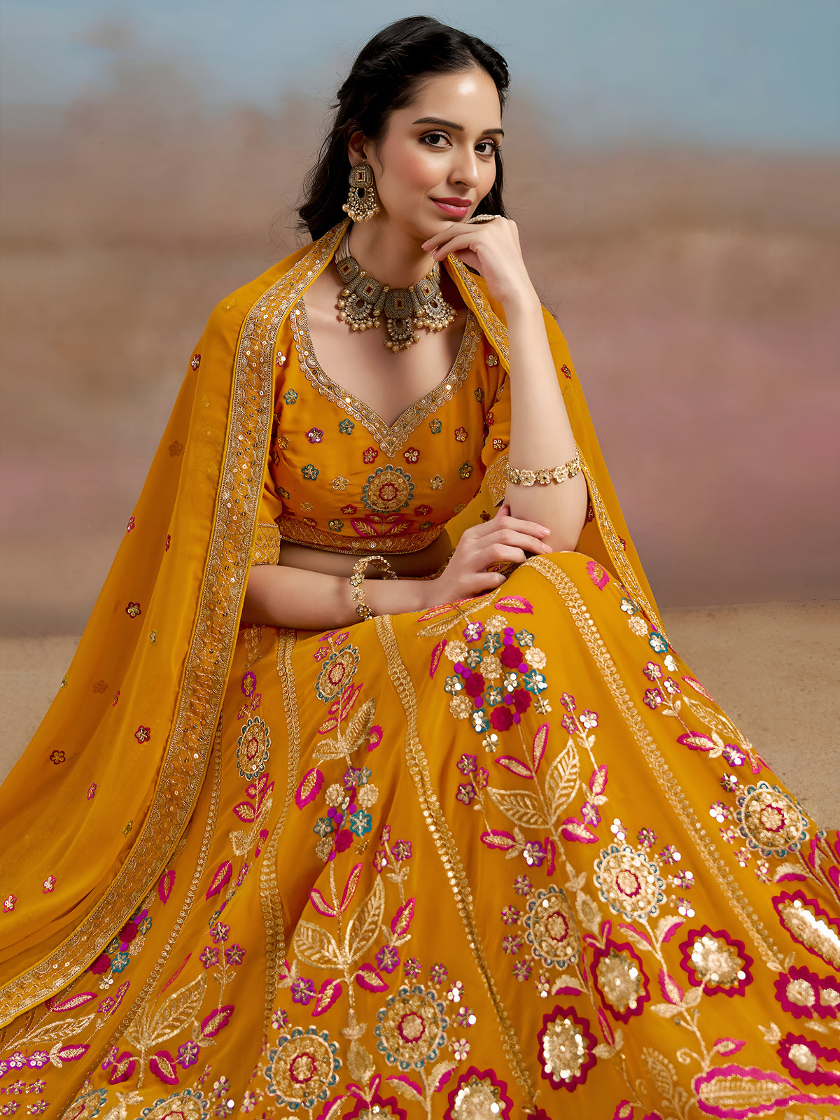 Mustard Yellow Floral Embroidered Bridal Lehenga Choli with Dupatta