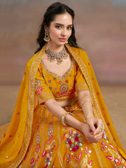 Mustard Yellow Floral Embroidered Bridal Lehenga Choli with Dupatta