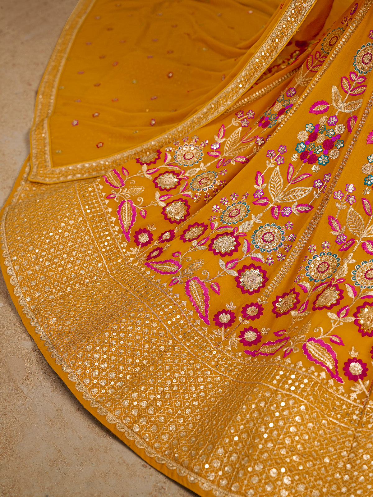 Mustard Yellow Floral Embroidered Bridal Lehenga Choli with Dupatta