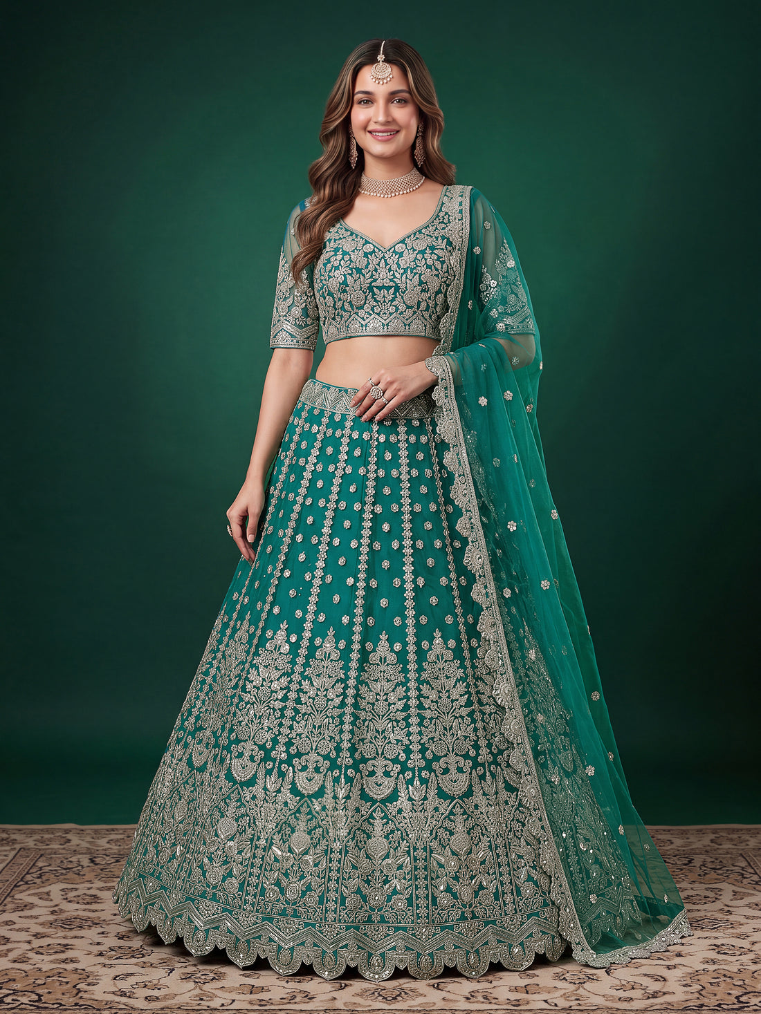 Elegant Rama Green Silver Embroidered Bridal Lehenga Choli with Dupatta
