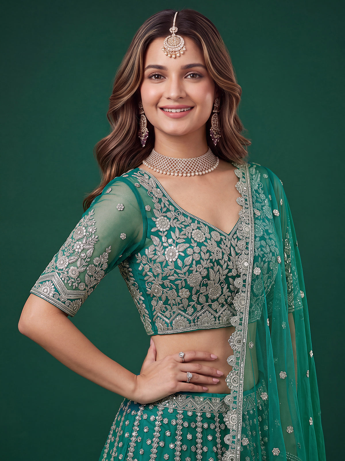 Elegant Rama Green Silver Embroidered Bridal Lehenga Choli with Dupatta