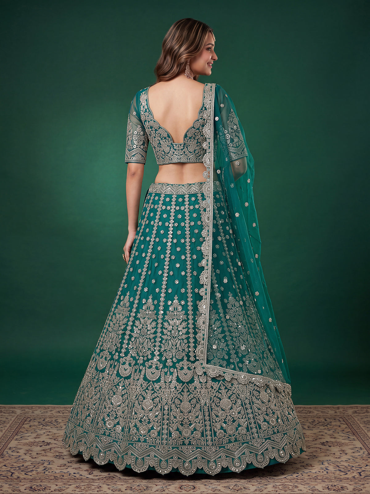 Elegant Rama Green Silver Embroidered Bridal Lehenga Choli with Dupatta