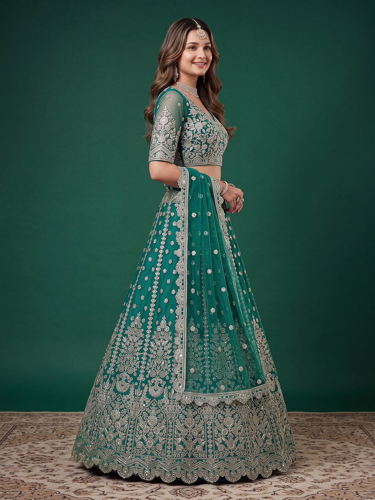 Elegant Rama Green Silver Embroidered Bridal Lehenga Choli with Dupatta