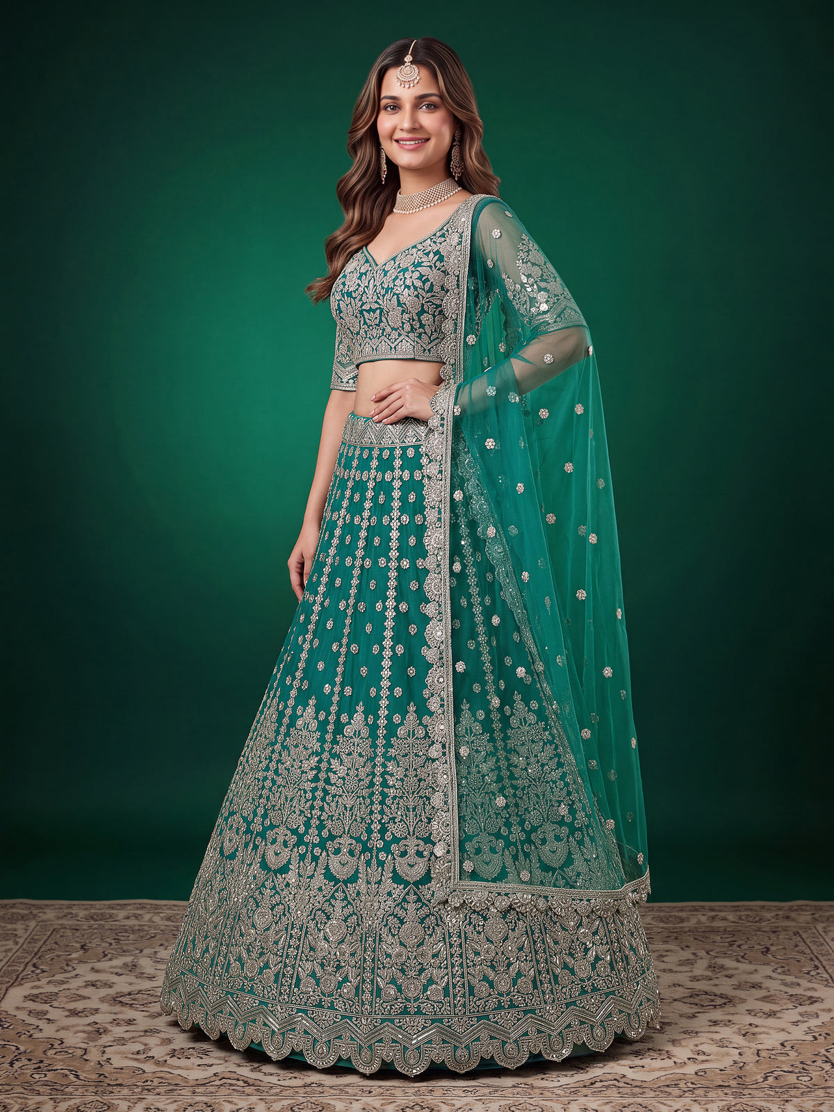 Elegant Rama Green Silver Embroidered Bridal Lehenga Choli with Dupatta