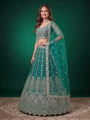 Elegant Rama Green Silver Embroidered Bridal Lehenga Choli with Dupatta