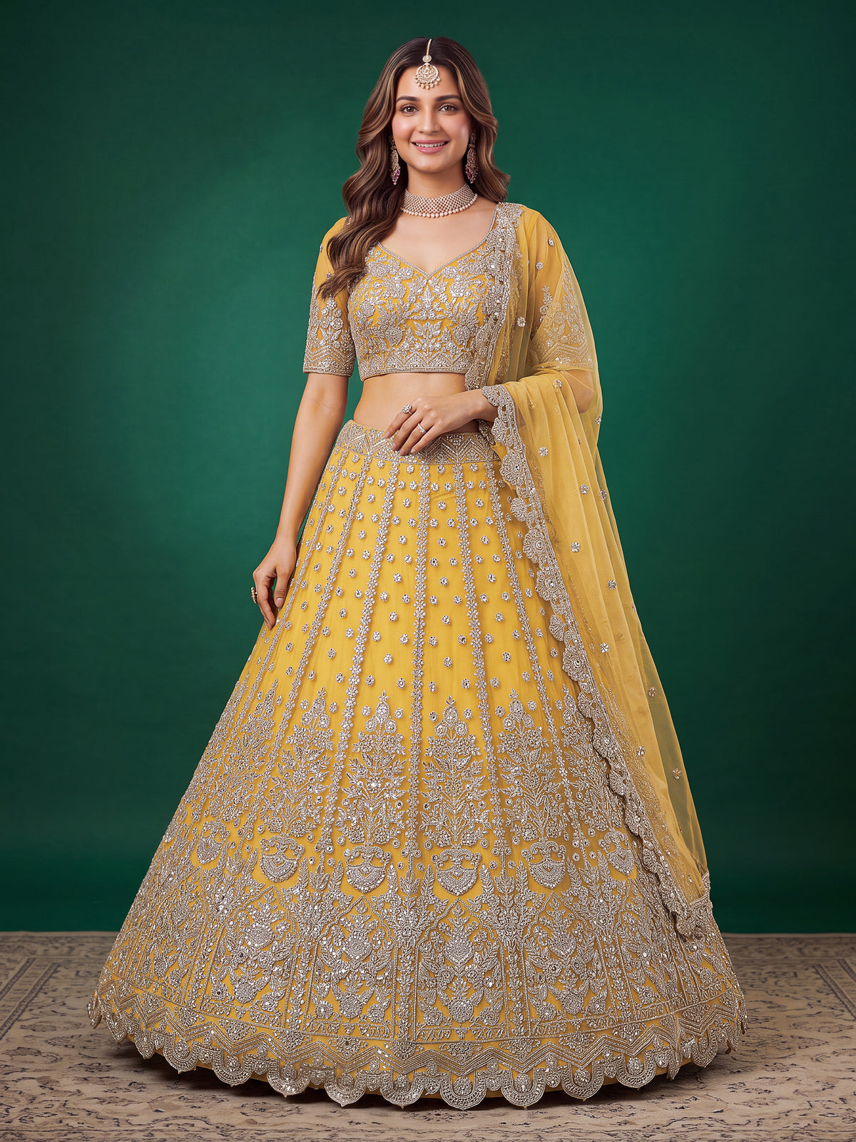 Elegant Mustard Yellow Silver Embroidered Bridal Lehenga Choli with Dupatta