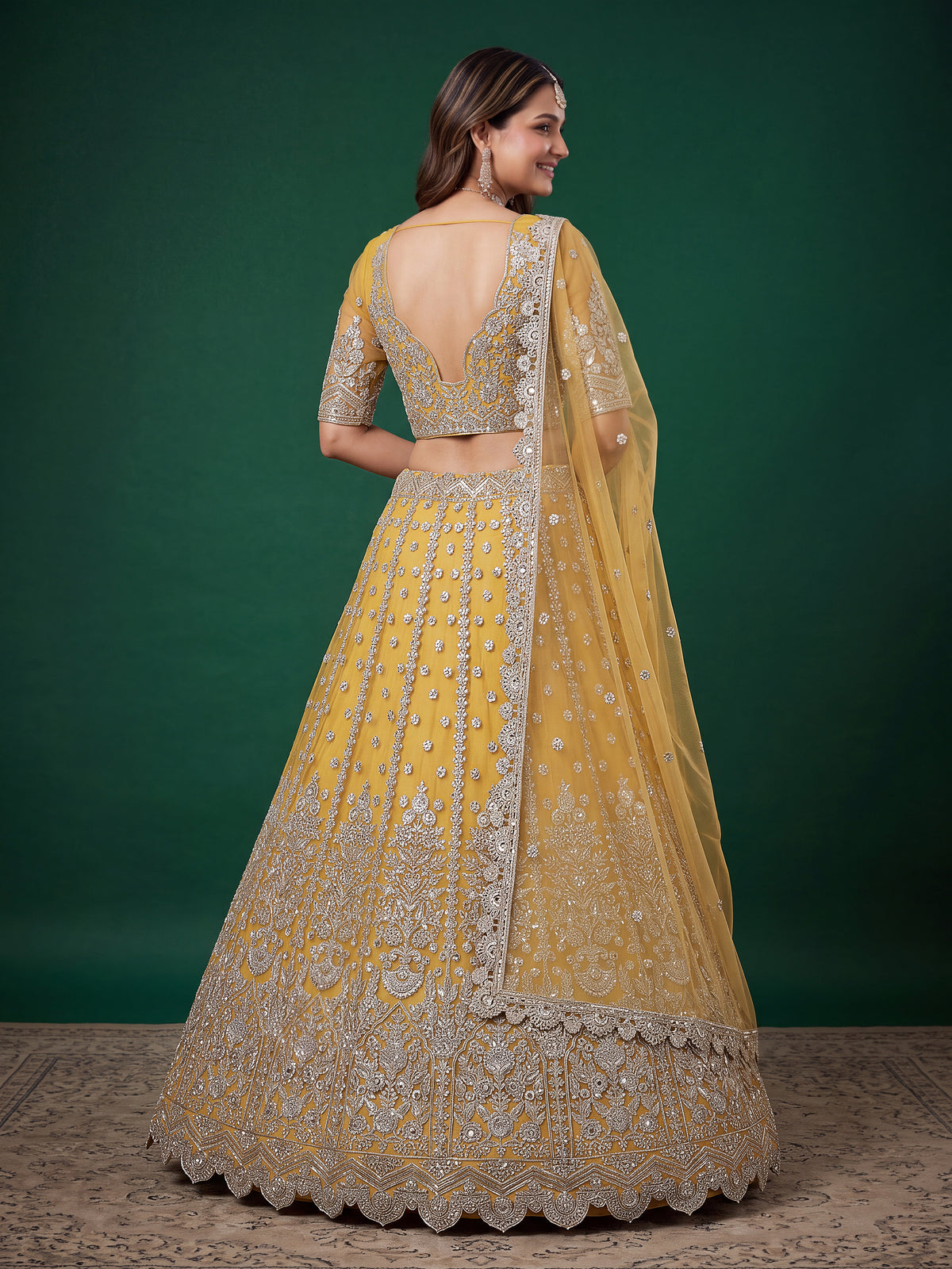 Elegant Mustard Yellow Silver Embroidered Bridal Lehenga Choli with Dupatta