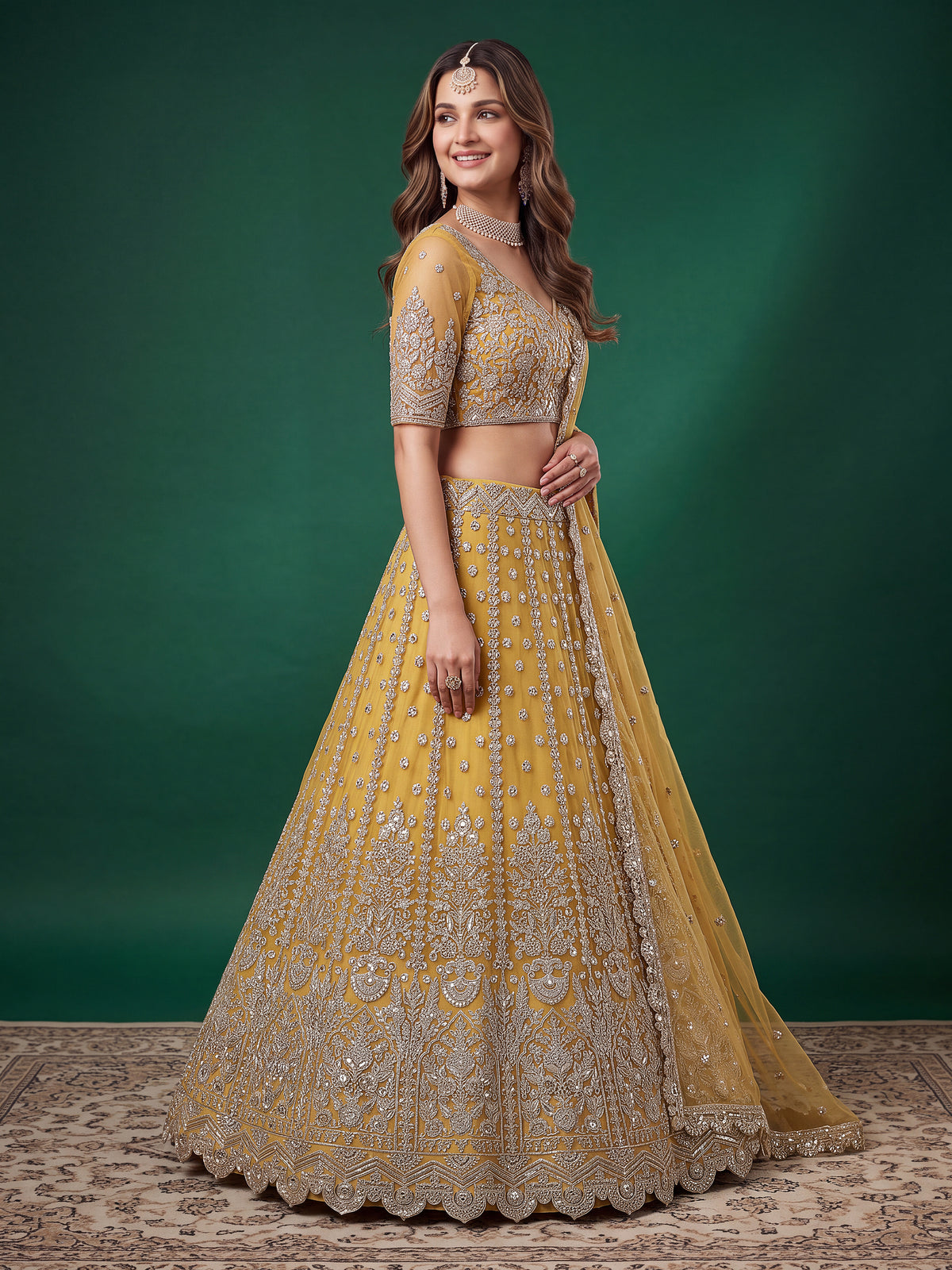 Elegant Mustard Yellow Silver Embroidered Bridal Lehenga Choli with Dupatta