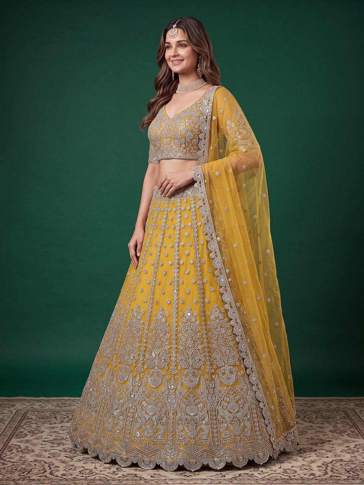 Elegant Mustard Yellow Silver Embroidered Bridal Lehenga Choli with Dupatta