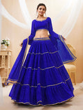Royal Blue Tiered Lehenga Choli with Golden Lace Border