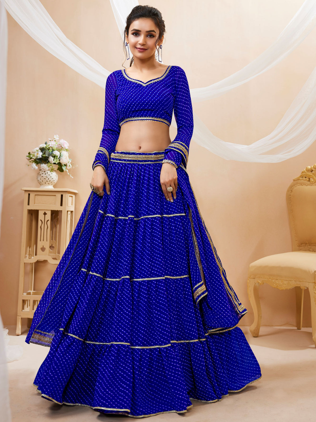 Royal Blue Tiered Lehenga Choli with Golden Lace Border