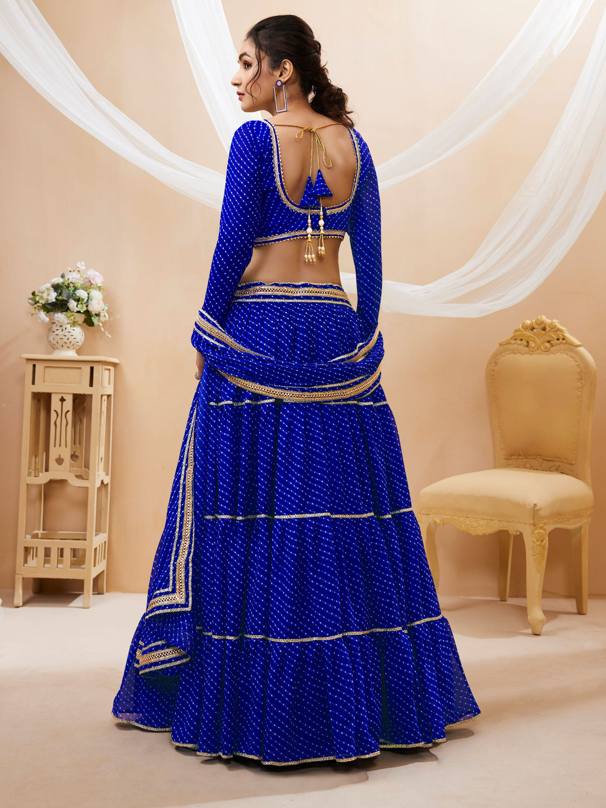 Royal Blue Tiered Lehenga Choli with Golden Lace Border