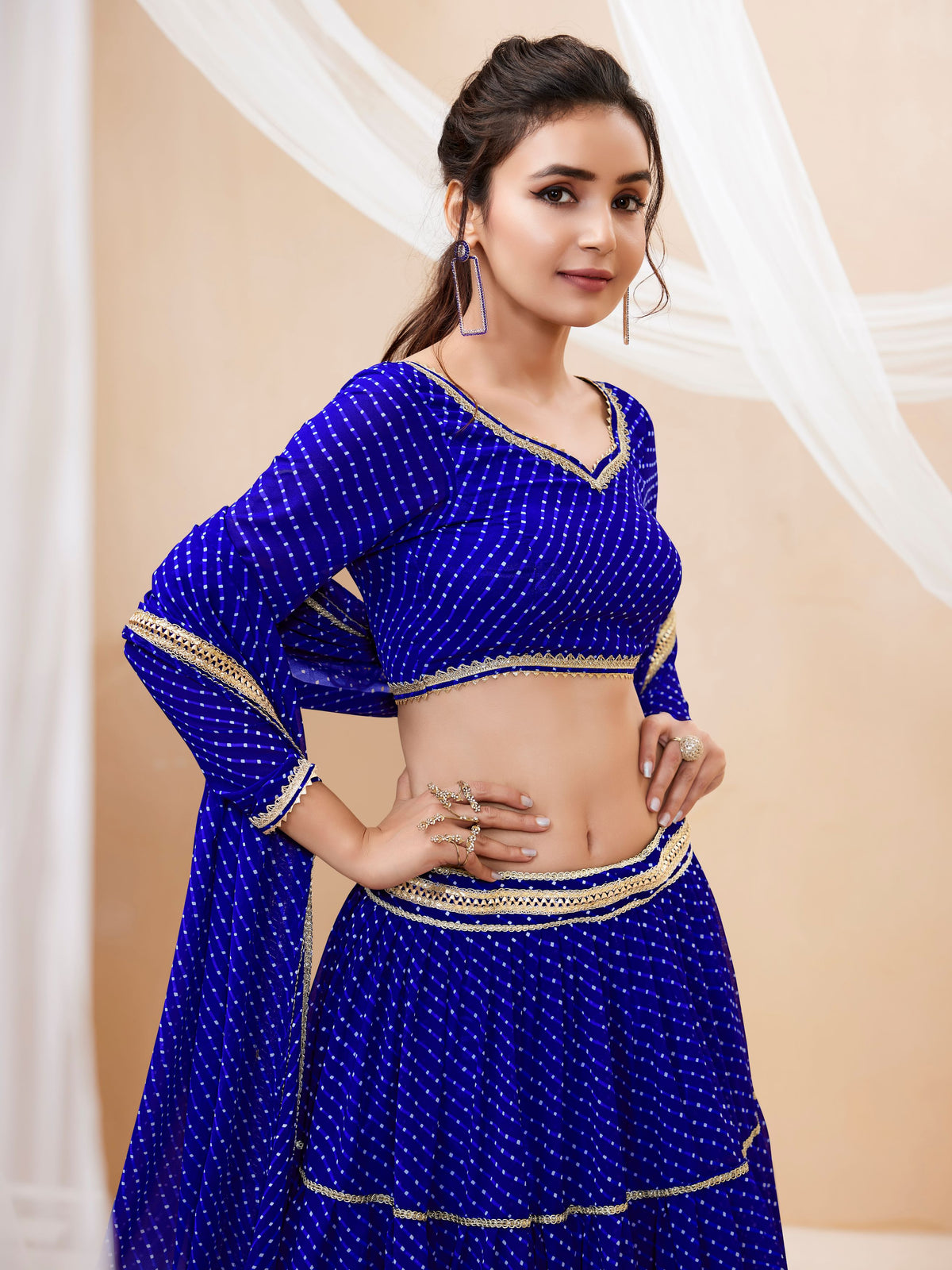 Royal Blue Tiered Lehenga Choli with Golden Lace Border