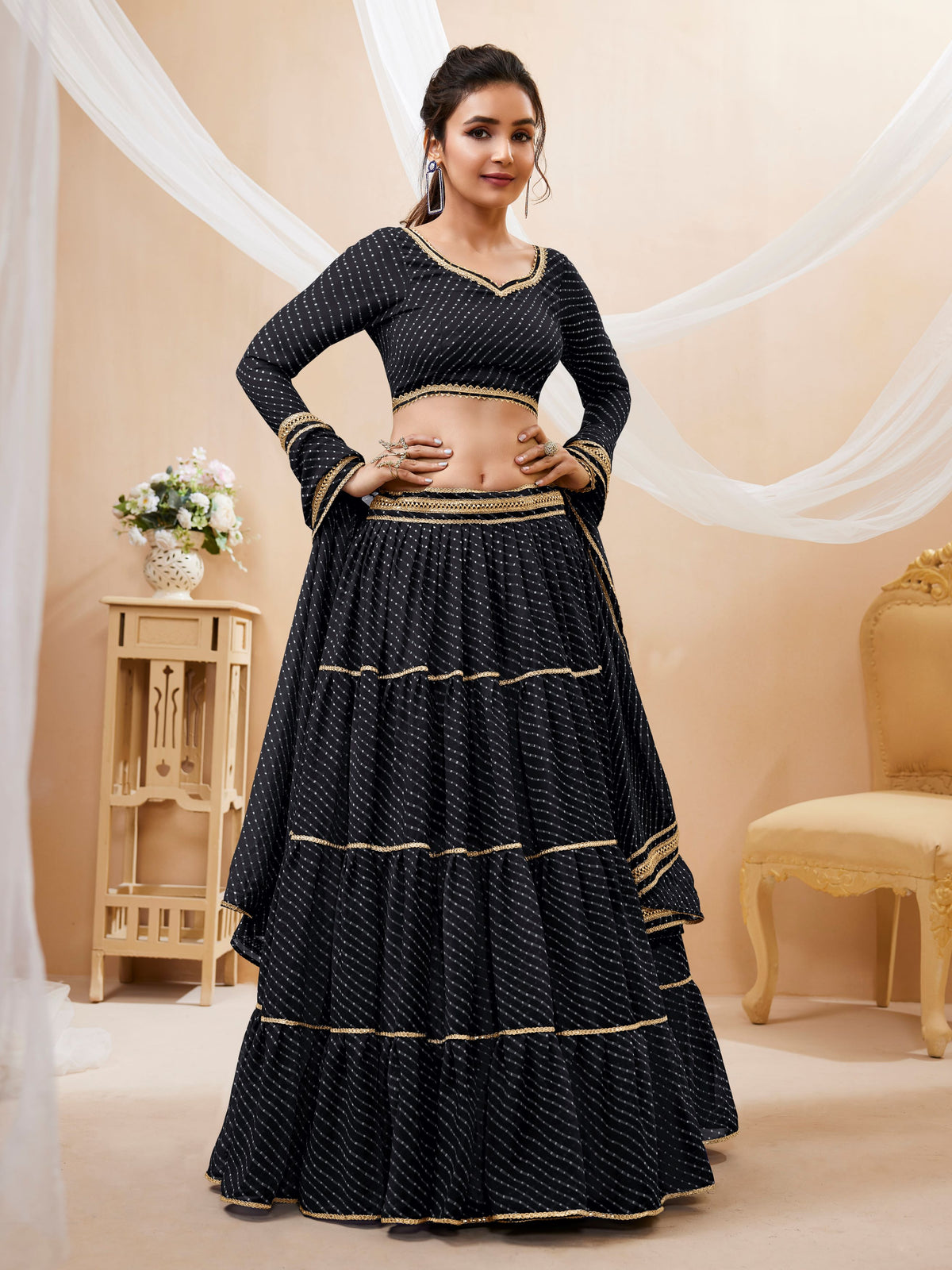 Black Tiered Lehenga Choli with Golden Lace Border