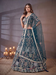 Teal Blue Floral Embroidered Bridal Lehenga Choli with Sheer Dupatta
