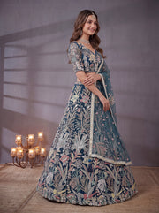 Teal Blue Floral Embroidered Bridal Lehenga Choli with Sheer Dupatta