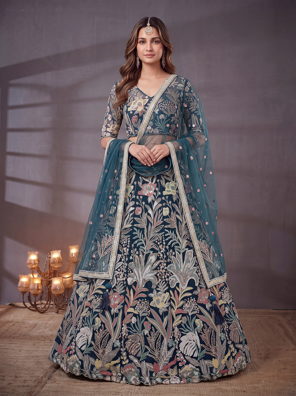 Teal Blue Floral Embroidered Bridal Lehenga Choli with Sheer Dupatta