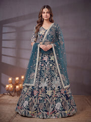 Teal Blue Floral Embroidered Bridal Lehenga Choli with Sheer Dupatta