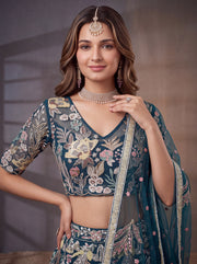 Teal Blue Floral Embroidered Bridal Lehenga Choli with Sheer Dupatta