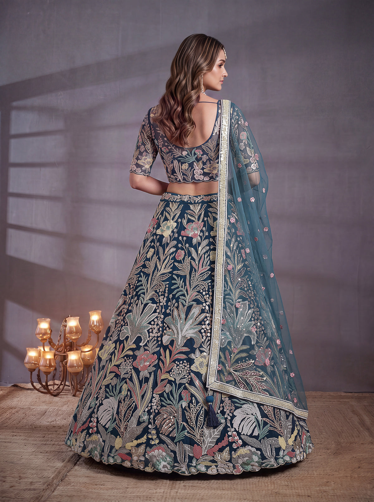 Teal Blue Floral Embroidered Bridal Lehenga Choli with Sheer Dupatta