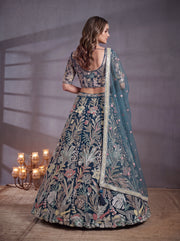 Teal Blue Floral Embroidered Bridal Lehenga Choli with Sheer Dupatta