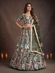 Olive Green Floral Embroidered Lehenga Choli with Sheer Dupatta