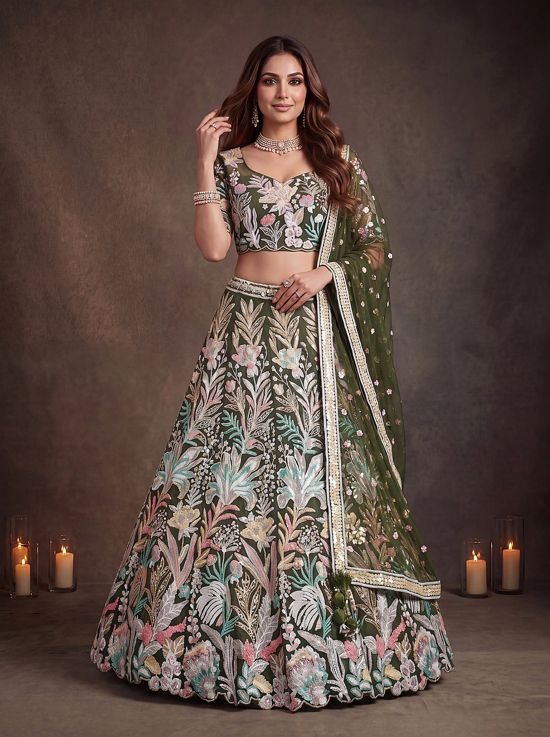 Olive Green Floral Embroidered Lehenga Choli with Sheer Dupatta