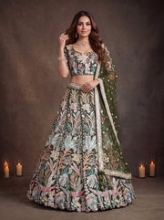 Olive Green Floral Embroidered Lehenga Choli with Sheer Dupatta