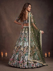 Olive Green Floral Embroidered Lehenga Choli with Sheer Dupatta