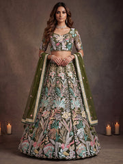 Olive Green Floral Embroidered Lehenga Choli with Sheer Dupatta