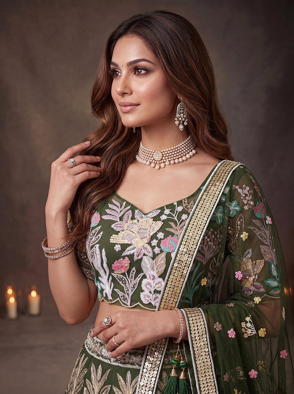 Olive Green Floral Embroidered Lehenga Choli with Sheer Dupatta
