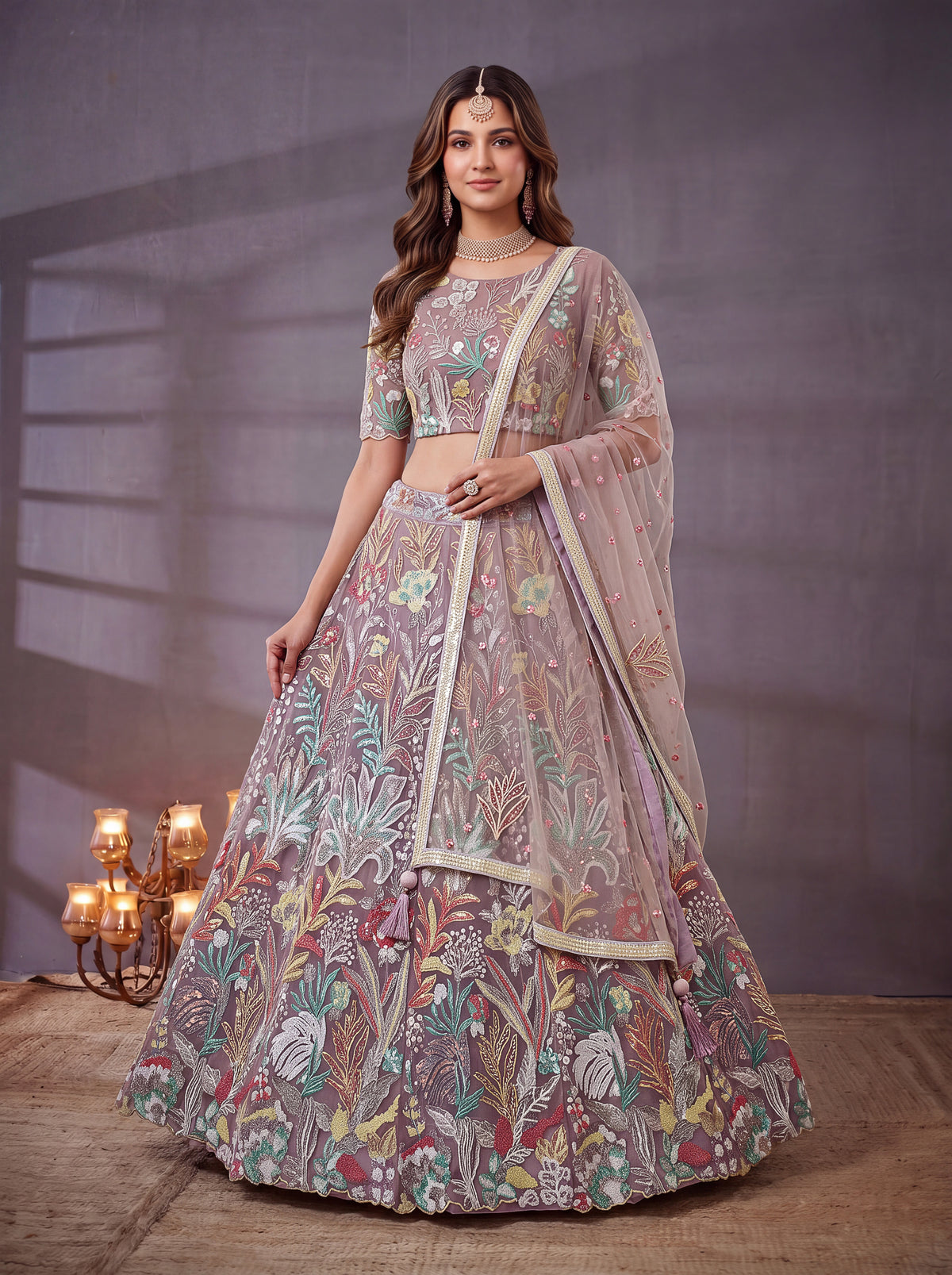 Elegant Lavender Floral Embroidered Lehenga Choli with Dupatta