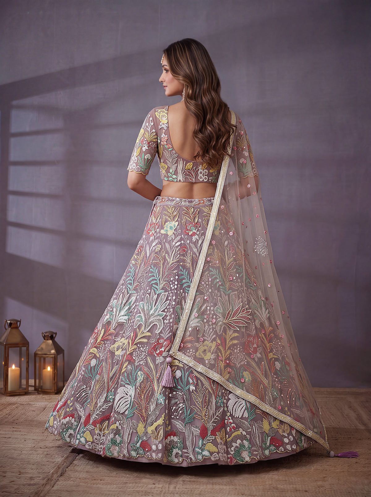 Elegant Lavender Floral Embroidered Lehenga Choli with Dupatta