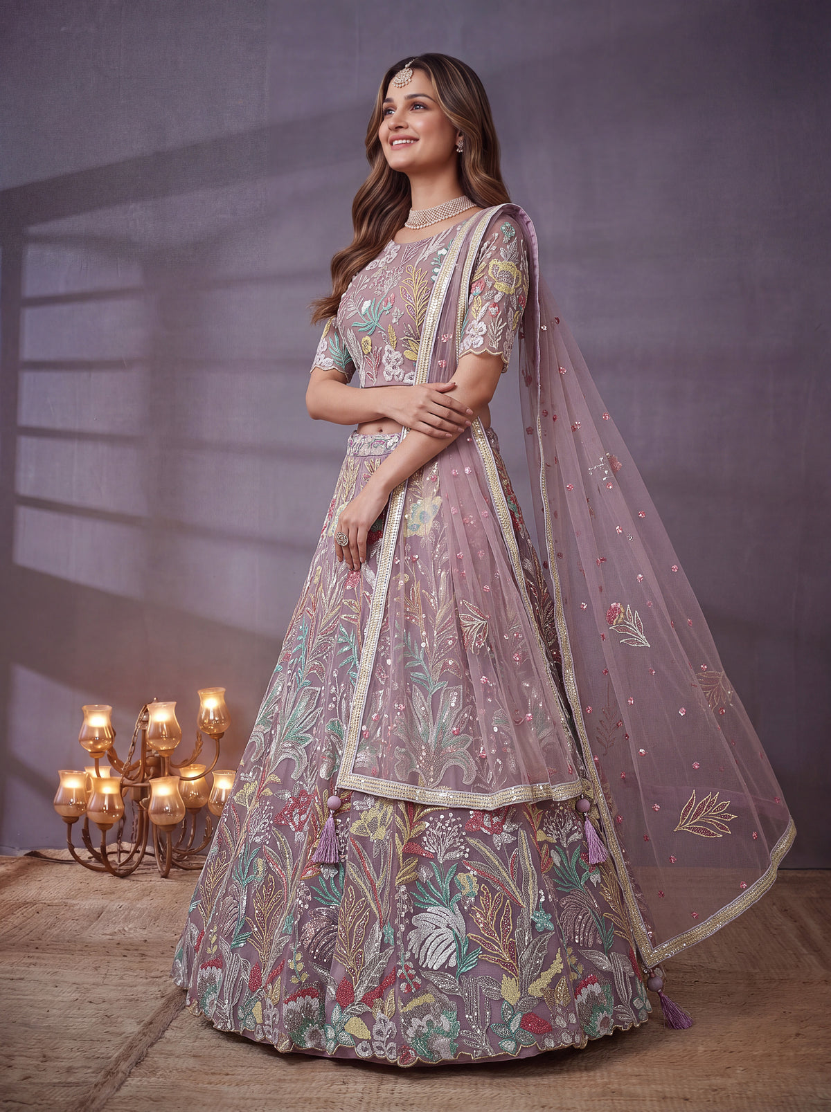 Elegant Lavender Floral Embroidered Lehenga Choli with Dupatta