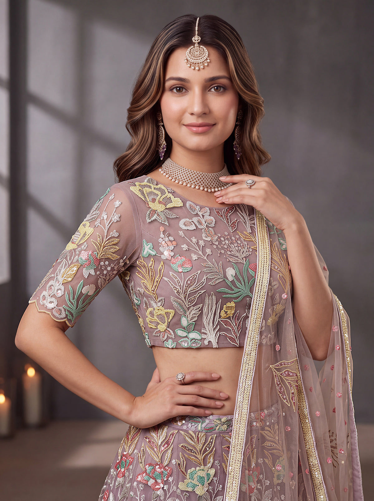 Elegant Lavender Floral Embroidered Lehenga Choli with Dupatta